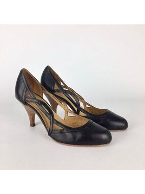 Samanta Womens Black Leather Pumps Heels Side Cutout Stacked Heel size 6